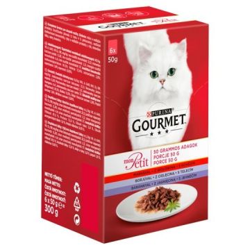 PURINAgourmet Mon Petit, 3 arome (Vită, Vânat, Ficat), pachet mixt, plic hrană umedă pisici, (în sos), 50g x 6