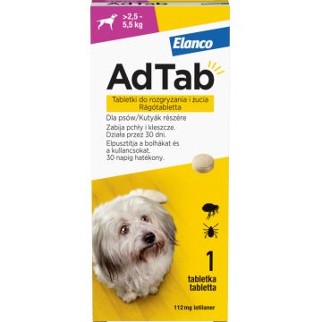 AdTab 112 mg comprimate masticabile pentru caini impotriva purecilor si a capuselor ( 2,5, 5,5 kg) - 1 tableta