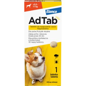 AdTab 225 mg comprimate masticabile pentru caini impotriva purecilor si a capuselor (5,5-11 kg) - 1 tableta