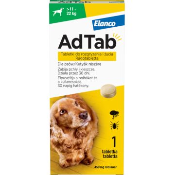 AdTab 450 mg comprimate masticabile pentru caini impotriva purecilor si a capuselor (11-22 kg) - 1 tableta