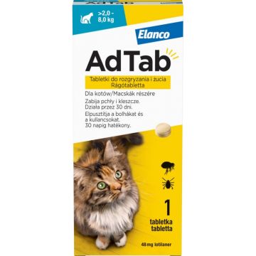 AdTab 48 mg comprimate masticabile pentru pisici impotriva purecilor si a capuselor (2-8 kg) - 1 tableta la reducere
