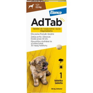 AdTab 56 mg comprimate masticabile pentru caini impotriva purecilor si a capuselor (1,3, 2,5 kg) - 1 tableta