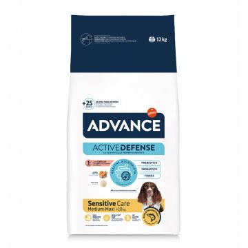 Advance Sensitive Medium/Maxi, M-L, Somon și Orez, hrană uscată câini, sistem digestiv, 12kg