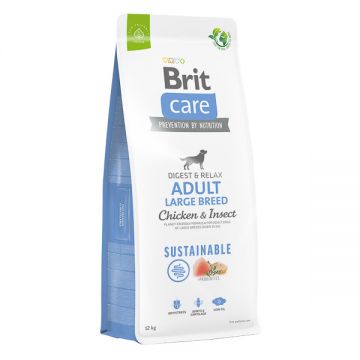 Brit Care Sustainable Adult Large Breed, L-XL, Pui și Insecte, hrană uscată câini, sistem digestiv, 12kg