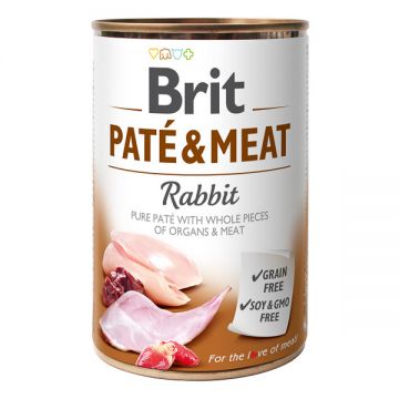 Brit Pate & Meat, Iepure, Conservă hrană umedă fară cereale câini, (pate cu bucăți de carne), 400g