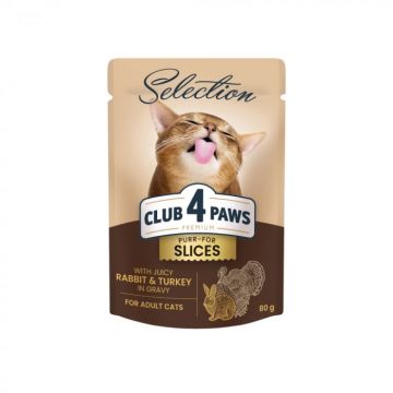 Club 4 Paws Premium Plus Selection Hrana umeda pentru pisici - Bucati de iepure si curcan in sos, 12x80g