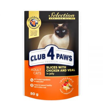 Club 4 Paws Selection Hrana umeda pisici - Bucati de pui si vita in jeleu, set 24 80g ieftina