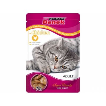 Super Benek Premium, Hrana umeda pentru pisici adulte, cu pui in sos, 24x100g ieftina