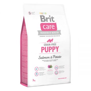 Brit Care Gain-Free Puppy, XS-XL, Somon și Cartof, hrană uscată fără cereale câini junior, piele & blană, 3kg