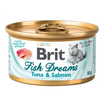 Brit Fish Dreams, Ton și Somon, Conservă hrană umedă pisici, (în suc propriu), 80g