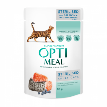 Optimeal Hrana umeda pisici sterilizate - somon si afine in jeleu, set 12 0,085kg la reducere