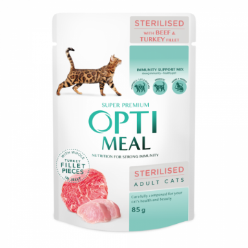 Optimeal Hrana umeda pisici sterilizate - vita si curcan in jeleu, set 12 0,085kg ieftina