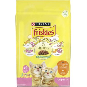 FRISKIES Hrană uscată JUNIOR Complete, cu Pui, Morcov şi bulete cu Lapte