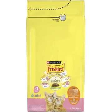 FRISKIES Hrană uscată JUNIOR Complete, cu Pui, Morcov şi bulete cu Lapte