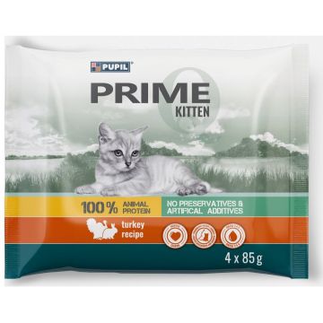 PUPIL PRIME KITTEN Multipack, cu Curcan şi Iepure 4x85g