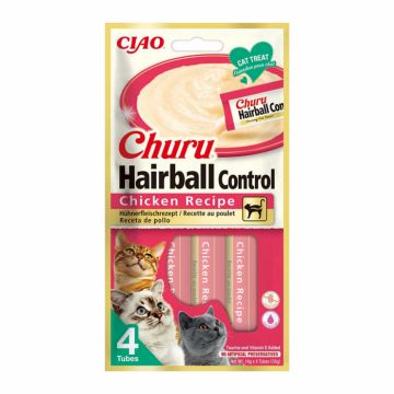 Churu, Recompense Cremoase Hairball Control pentru pisici, cu pui, 4x14g