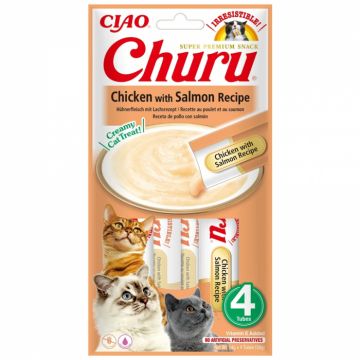 Churu, Recompense Cremoase pentru Pisici, Reteta Pui cu Somon, 4x14g