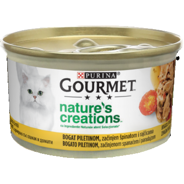 Conserva PURINA GOURMET Nature, s Creation cu pui asezonat cu spanac si rosii 85 g