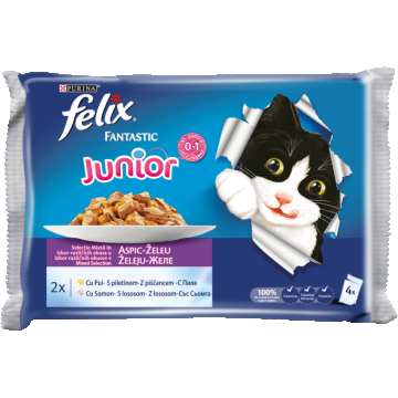 FELIX FANTASTIC Junior Pui in Aspic multipack 4x100g, hrana umeda pentru pisici, 4x100g