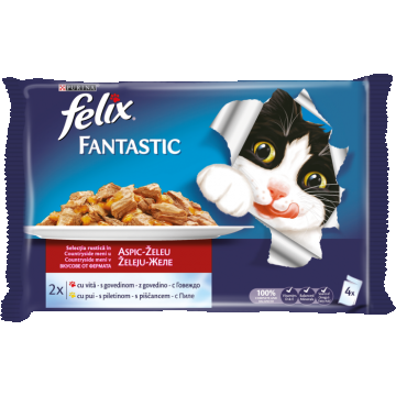 FELIX FANTASTIC Vita si Pui in Aspic multipack 4x100g, hrana umeda pentru pisici, 4x100g