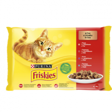 FRISKIES Adult cu Pui Vita Miel Rata in Sos, hrana umeda pentru pisici, 4 x 85 g de firma originala