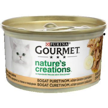 GOURMET Nature s Creations, Bogat in Curcan, asezonat cu pastarnac si spanac, 85 g, hrana umeda pentru pisici, 85 g