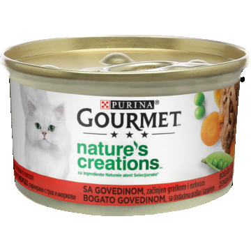 GOURMET Nature s Creations, bogat in vita, asezonat cu mazare si morcov, hrana umeda pentru pisici, 85 g