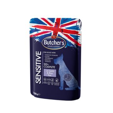 Hrana umeda pentru caini Butcher s Sensitive, pate miel si orez, 100g,