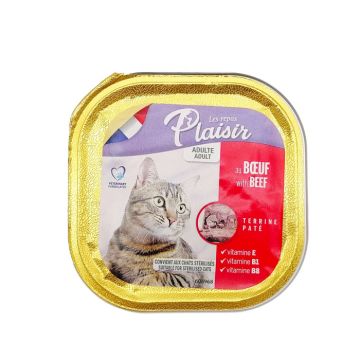 Hrana umeda pentru pisici, Plaisir, Adult, pate cu vita, pentru pisici sterilizate, 100 g, 606915