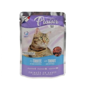 Hrana umeda pentru pisici, Plaisir, cu pastrav si creveti, pentru pisici adulte si sterilizate, 100 g