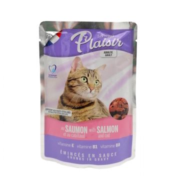 Hrana umeda pentru pisici, Plaisir, cu somon si cod, pentru pisici adulte si sterilizate, 100 g,