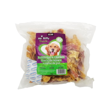 Recompense pentru caini Mr. Biffy, urechi de iepure si carne de pui, 500g