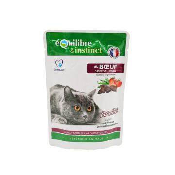 Set hrana umeda pentru pisici, EquilibreInstinct, Vitalite, cu vita, fasole si rosii , pentru pisici sterilizate,12 x 85 g