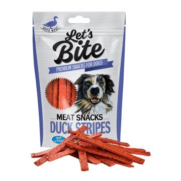 BRIT Let's Bite Meat Snacks Duck Stripes, Rață, recompense monoproteice fără cereale câini, fâșii de carne, 80g