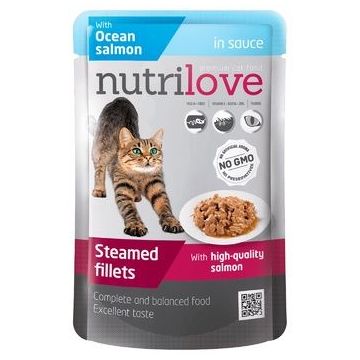 Hrana umeda pentru pisici, Nutrilove, file de somon in sos, 85 g