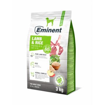 Hrana uscata pentru caini Eminent, Adult, fara gluten, miel si orez, 3kg