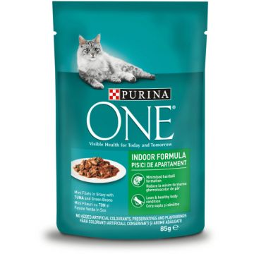 PURINA ONE INDOOR cu Ton si Fasole Verde, Mini Fileuri in Sos, hrana umeda pentru pisici, 85 g