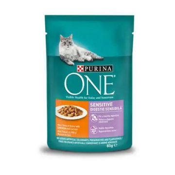 PURINA ONE SENSITIVE cu Pui si Morcov, Mini Fileuri in Sos, hrana umeda pentru pisici, 85 g