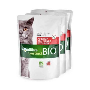 Set hrana BIO pisici Equilibre Instinct, plic vita si legume, 22x 100g