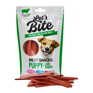BRIT Let's Bite Snacks Puppy Lamb Stripes, Miel, recompense monoproteice fără cereale câini junior, fâșii de carne, 80g