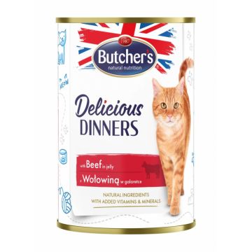 Hrana umeda pentru pisici Butcher s Delicious Dinners, Vita in aspic, 400g