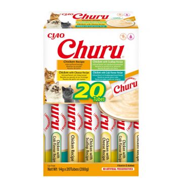 INABA Churu Chicken Varieties (Pui, Pui și Scoici| Brânză| Creveți), cutie, tub recompense fără cereale pisici, (topping), 280g