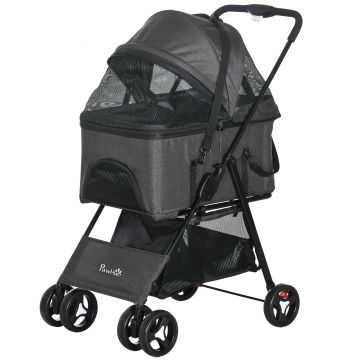 PawHut Cărucior 3 în 1 pentru Câini, Cărucior pentru Animale de Companie cu Lesă, Pernă, Coș și Baldachin, 76x51x100 cm, Gri | Aosom Romania