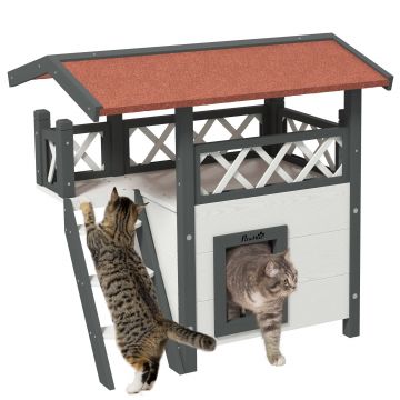 PawHut Căsuță pentru Pisici de Exterior cu Terasa și Scară, Adăpost pentru Pisici și Animale Mici din Lemn, 77x50x73 cm, Alb
