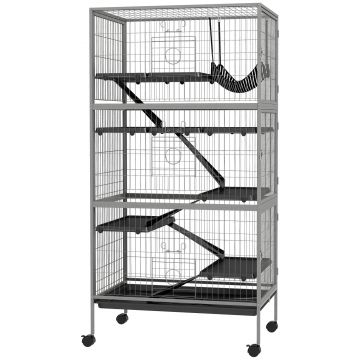 PawHut Colivie pentru Rozătoare cu 4 Intrări Multi-Nivel cu Hamac, Cușcă Metalică & PP, 80x52x159 cm, Argintiu și Negru | Aosom Romania