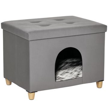 PawHut Taburet pentru Pisici cu Pernă Detașabilă și Lavabilă, Taburet cu Pat și Picioare, 60x45x44.5 cm, Gri | Aosom Romania