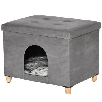 PawHut Taburet pentru Pisici cu Pernă Detașabilă și Lavabilă, Taburet cu Pat și Picioare, 60x45x44.5 cm, Gri | Aosom Romania