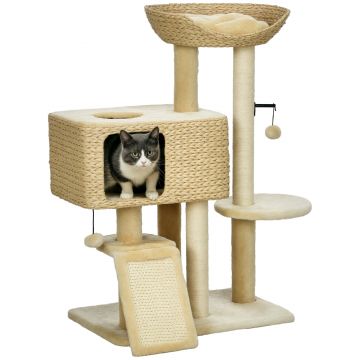 PawHut Arbore de Zgâriat pentru Pisici cu Căsuță, Stâlp și Bilă de Joc, Turn pentru Pisici din Lemn, 60x40x95 cm, Bej | Aosom Romania