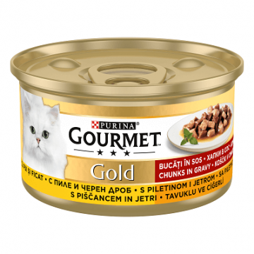 Purina Gourmet Gold, pui si ficat, hrana umeda pentru pisici, 85 g