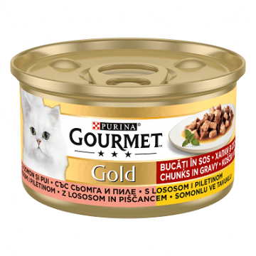 Purina Gourmet Gold, pui si somon, hrana umeda pentru pisici, 85 g